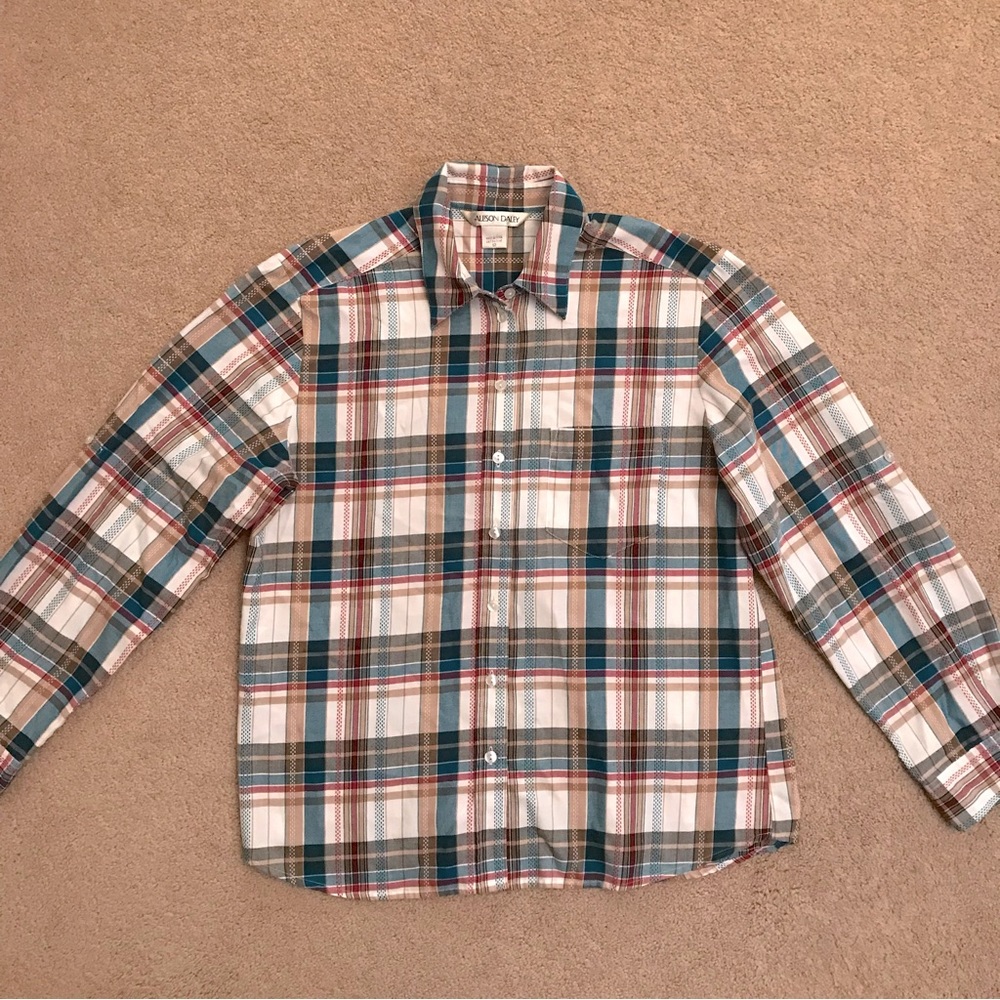 Allison Daley Long Sleeve Plaid Shirt Size 12 Large Button Up Blue Tan Country